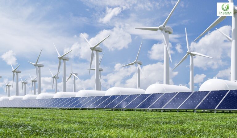 Solar energy overview with panels and blue sky