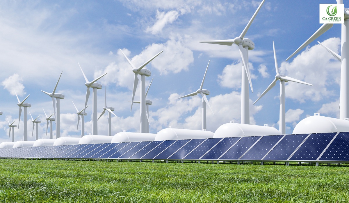 Solar energy overview with panels and blue sky